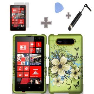 Rubberized Green Hawaiian Flower Snap on Design Case Hard Case Skin Cover Faceplate with Screen Protector, Case Opener and Stylus Pen for Nokia Lumia 820   AT&T Cell Phones & Accessories