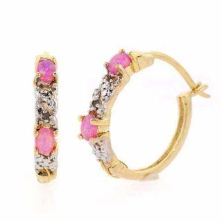 Gold Tone over Sterling Silver Created Pink Opal & Diamond Accent X & Oval Hoop Earrings: Jewelry