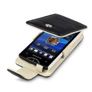 SONY ERICSSON XPERIA RAY GENUINE LEATHER FLIP CASE   BLACK, CREAM INSIDE, BY TERRAPIN, WITH QUBITS BRANDED MICROFIBER CLEANING CLOTH: Cell Phones & Accessories