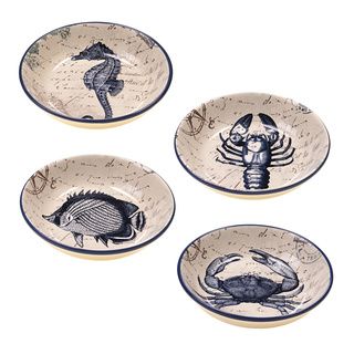 Hand painted Coastal Postcards 9.25 inch Assorted Ceramic Soup/pasta Bowls (set Of 4)
