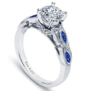 Kirk Kara "Dahlia" 18 Karat White Gold Blue Sapphire and Diamond Engagement Ring: Jewelry