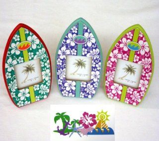 Set of 3 Surfboard Shaped, Hibiscus Designed Picture Frames   3" X 3" Photo   Frames Are 7.875 X 4.75"   Comes packaged with a credit card sized magnet featuring a palm tree, sailboat, anchor and sailboat   Magnet Photo Frame Florida