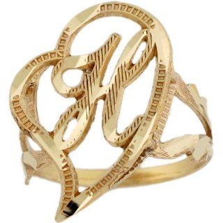 10k Real Gold Cursive Letter H Diamond Cut 2.3cm Unique Heart Initial Ring: Jewelry
