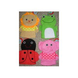 Three and One 3 Adorable Bath Animal Hand Puppet Washmitts and 1 Baby Toy Rubber Duckie Bundle with Assorted Ladybug Frog Bumblebee Lion and Elephant  Baby Washcloths  Baby