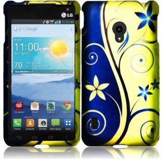 VMG 2 Item Combo For LG Lucid 2 VS870 Cell Phone Image Design Hard Case Cover   Blue Yellow Flower Floral Design Hard 2 Pc Plastic Snap On Protective Case Cover + LCD Clear Screen Saver Protector For LG Lucid VS 870 (2nd Generation) Cellphone [by VANMOBILE