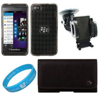 Black Textured Leatherette Horizontal Holster Pouch Carrying Case with Fixed Belt Clip for BlackBerry Z10 Smart Phone + Smoke Argyle Premium TPU Skin Cover Case + Universal Windshield Vehicle Mount + SumacLife TM Wisdom Courage Wristband: Cell Phones &