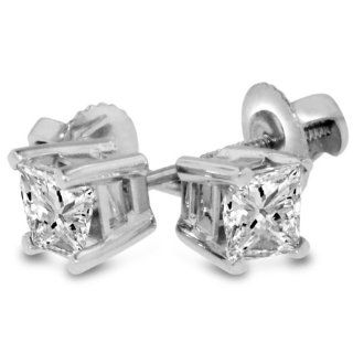 2ct Princess Cut Diamond Stud Earrings, 14k White Gold: Jewelry