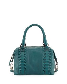 Pebble Leather Woven Satchel, Emerald   Romy Gold