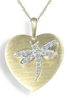 10k Two Tone Gold Diamond Dragonfly Heart Pendant (1/10 cttw, I J Color, I2 I3 Clarity), 18" Jewelry