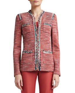 Womens Heathered Shantung Tweed Knit Mandarin Collar Jacket with Pockets   St.