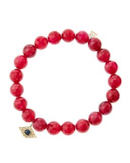 8mm Faceted Red Agate Beaded Bracelet with 14k Yellow Gold/Diamond Small Evil
