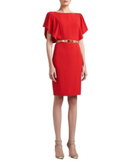 Womens Luxe Crepe Bateau Neck Dress with Shoulder Ruffle and Back Slit   St.