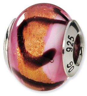 925 Silver Black Pink Orange Italian Murano Glass Bead: Jewelry