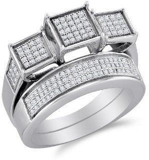 .925 Sterling Silver Plated in White Gold Rhodium Diamond Ladies Bridal Engagement Ring with Matching Wedding Band Two 2 Ring Set   Square Princess Shape Center Setting w/ Micro Pave Set Round Diamonds   (.46 cttw): Sonia Jewels: Jewelry