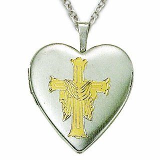 .925 Sterling Silver Risen Cross Pendant and Heart Locket Necklace in a 2 Tone Design Women's Religious Jewelry Religious Heart Jewelry Gift Boxed.Chain Necklace Type: Curb Chain Necklace w/Chain Necklace 18" Length Gift Boxed.: Jewelry
