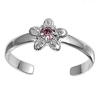 Rhodium Plated, CZ Pink Plumeria Stone Flower Link Design .925 Sterling Silver "Rhodium Plated W/ Pink CZ Stone Flower Design" Toe Ring Face Size: 7mm, Band Width: 2 mm, Art, Beauty, Summer: Jewelry