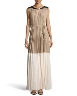 Colorblock Plisse Maxi Dress, Khaki Combo