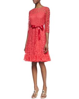 Womens 3/4 Sleeve Lace Overlay Cocktail Dress, Watermelon   Rickie Freeman for