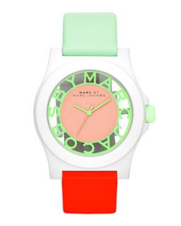 Colorblock Henry Skeleton Watch with Leather Strap, White/Mint/Coral   MARC by