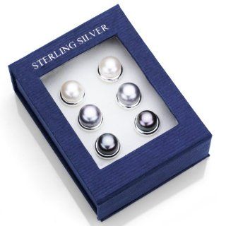 3 Pairs Sterling Silver 9 10mm White, Grey, and Black Freshwater Pearl Stud Earring with Bazel Setting.: Jewelry