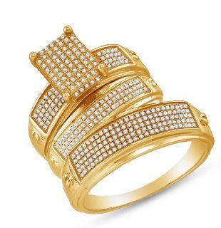 Yellow Gold Plated 925 Sterling Silver Micro Pave Set Round Brilliant Cut Diamond Mens and Ladies Couple His & Hers Trio 3 Three Ring Bridal Matching Engagement Ring Wedding Band Set   Emerald Shape Center Setting   (.68 cttw.)   SEE "PRODUCT DESC