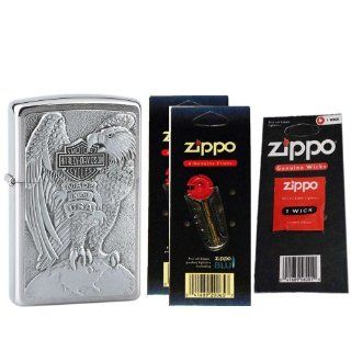 Zippo 200HDH231 Eagle Emblem Harley Davidson Brushed Chrome Windproof Lighter with Two Flint Card and One Wick Card: Watches