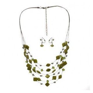 DESARAE Silver Lime Green Clip On Earring Necklace Set Jewelry Sets Jewelry