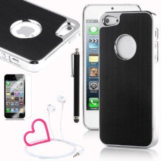 Pandamimi Deluxe Black Metal Aluminum Chrome Hard Case Cover for Apple iPhone 5 5G + Stylwire(TM) Pink Heart Stereo Headphones + Screen Protector and black stylus Cell Phones & Accessories