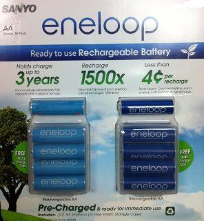Sanyo 10 Pack AA eneloop 2nd generation 1500 cycle Rechargeable Batteries with 2 Plastic Storage Cases Electronics