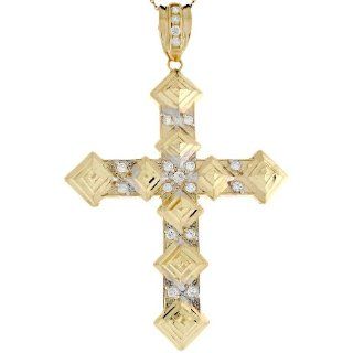 10k Two Tone Gold 7.7cm Fancy Ornate Byzantine Cross Religious CZ Pendant Jewelry