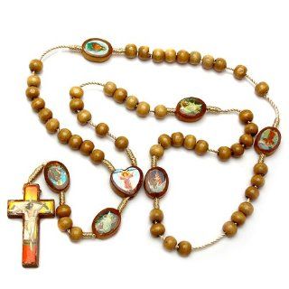 Light Brown Wooden Bead Rosary With Seven Saint Picture Beads 6mm x 6mm   24 inch Necklace   7 inch Drop Length: Chain Necklaces: Jewelry