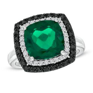 Cushion Cut Lab Created Emerald, White Sapphire and Enhanced Black