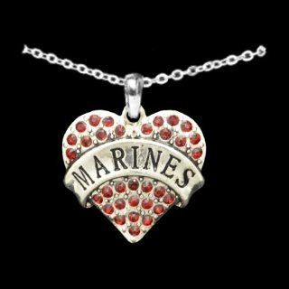 From the Heart Valentine's Day, Mother's Day, or any Day Red Crystal Rhinestone Heart Necklace celebrating The USA Marines!! Pendant with Marines engraved in the center. Heart Pendant is approximately 1 1/2 inch long & embellished with Red Crys