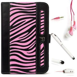 BLACK and PINK Zebra VanGoddy Dauphine Lightweight, Durable Executive Leather Portfolio Jacket Cover Case For Visual Land Prestige 7 Internet Tablet 7 inch Android 4.0 Multi Touch Screen Tab (Also Fits Prestige 7L ) + PINK Crystal Clear High Quality HD Noi