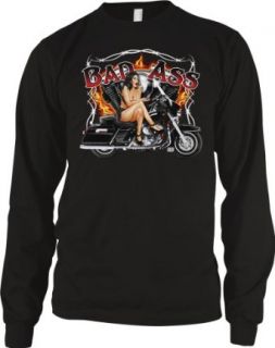 Bad Ass Motorcycle Mens Biker Thermal Shirt, Hot Woman On Bike with Engine Behind Mens Thermal: Clothing