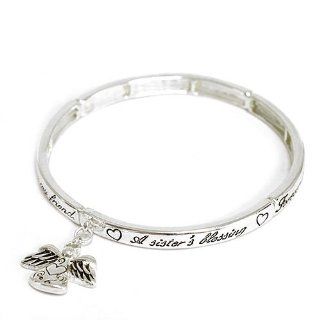 Inspirational Stretch Bracelet; 2.75"Diameter; Silver Tone Metal; Angel Charm; " A sister's blessing, Forever in my thoughts because you are my sister; forever in my heart because you are my friend";: Jewelry