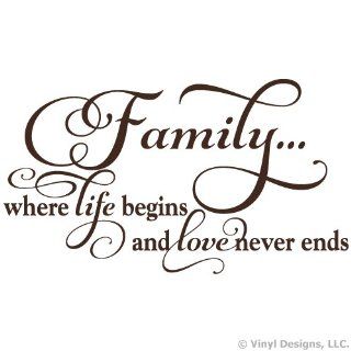 Family Where Life Begins and Love Never Ends Quote Vinyl Wall Decal Sticker Art, Home Decor, Brown  