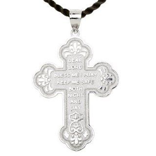 14K White Gold Cross With Keep Safe Prayer Wording Inscribed "Dear Lord Bless Me I Pray, Keep Me Safe Both Night And Day": Jewelry