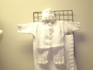 Cpk83wbk, Knitted on Hand Knitting Machine Then Finished By Hand Crochet Infant Girls Outfit, Containing White Chenille Cardigan Sweater, Pant, Hat Set with Matching Blanket Trimmed with Mini Rosebuds.: Infant And Toddler Layette Sets: Clothing