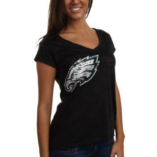 Philadelphia Eagles Ladies Burnout V Neck T Shirt   Black