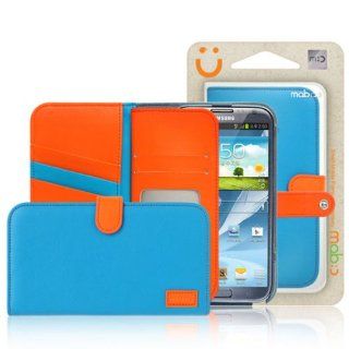 Mobc Galaxy Note 2 II N7100 Leather Case W.Pocket   Two Tone Wallet Leather Case   Screen Protector Included   Retail Packaging   Blue / Orange: Cell Phones & Accessories