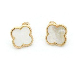 14k Yellow Gold over Sterling Silver Mother of Pearl MOP 1 Motif Alhambra Clover Stud Earrings: Jewelry