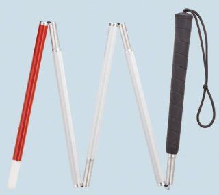 Walking Cane   Four section folding aluminum cane with black rubber grip handle and strap. White shaft is covered with reflector tape for night visibility. Available in even lengths only from 42" through 54". Replacement tip not available.: Every
