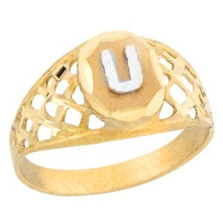 10k Two Tone Gold Diamond Cut Filigree Design Letter U Initial Ring: Jewelry
