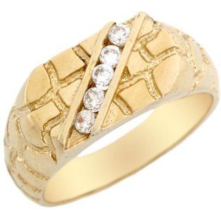 10k Solid Gold Nugget Five 5 Stone CZ Fancy Mens Ring: Jewelry