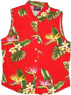 Bird of Paradise Display Women's Fitted Sleeveless Aloha Blouse in Red   1X Plus