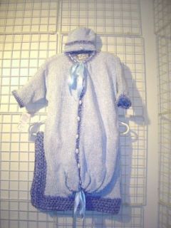 Bt95bk, Any One Looking for a Gift for Newborn Baby Boy, Please Look At the Following, Knitted on Hand Knitting Machine Baby Blue Chenille Then Finished By Hand Crochet with Denim Chenille Bunting, Hat Set with Matching Blanket: Infant And Toddler Layette 