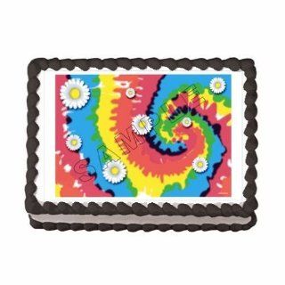 6" Round ~ Tie Dye Background Birthday ~ Edible Image Cake/Cupcake Topper  Dessert Decorating Cake Toppers  Grocery & Gourmet Food