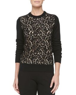 Womens Cashmere Lace Front Sweater, Black/Nude   Black/Nude (SMALL)