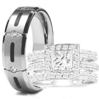 His Hers 4 pcs 925 STERLING SILVER and TITANIUM Engagement Wedding Rings Set (Size Men's 9 Women's 10) Jewelry
